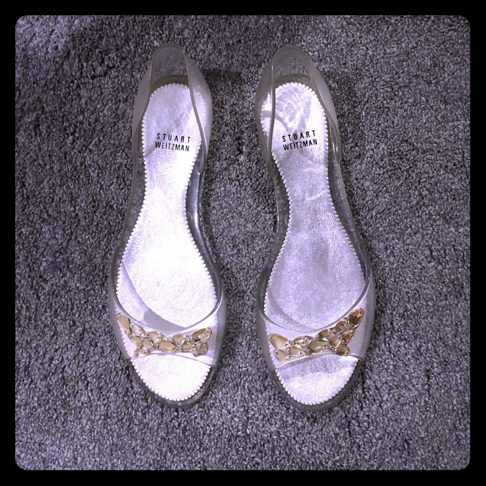 Stuart Weitzman Clear Slingback Flats with Gold Chain